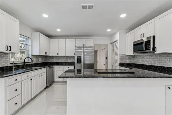 a modern kitchen with stainless steel appliances granite countertop a stove a sink and a microwave