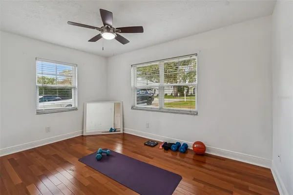 a room with window and workspace