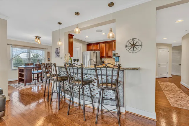 a view of a dining room with furniture