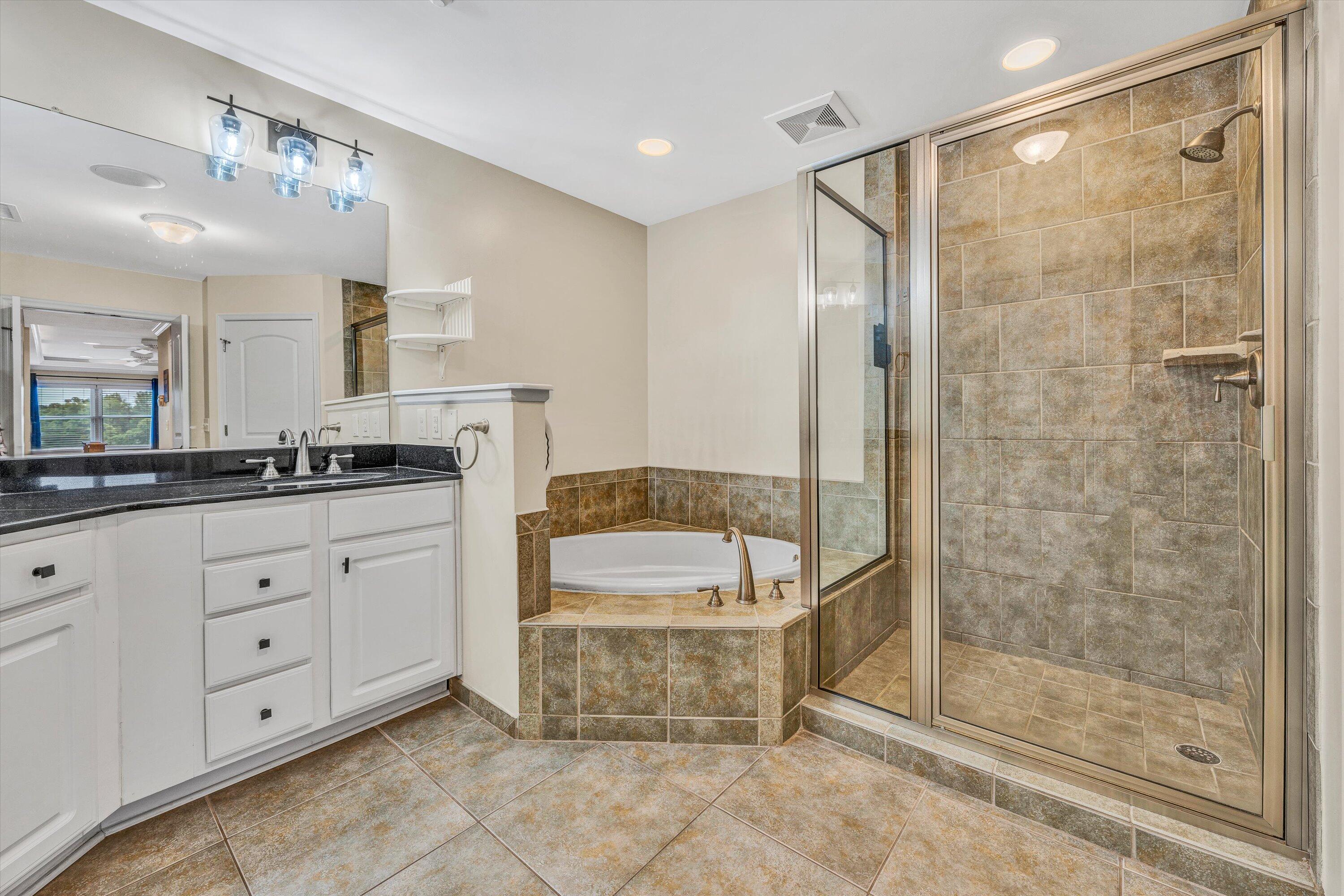 100 Bridgewater Pointe Place, Unit 401 Moneta, VA 24121 - Photo 20 of 39 a bathroom with a double vanity sink a mirror and a shower