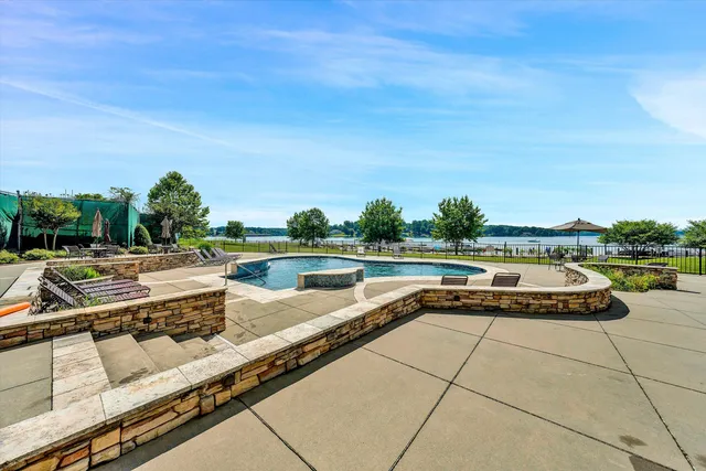 a view of swimming pool with outdoor seating and plants