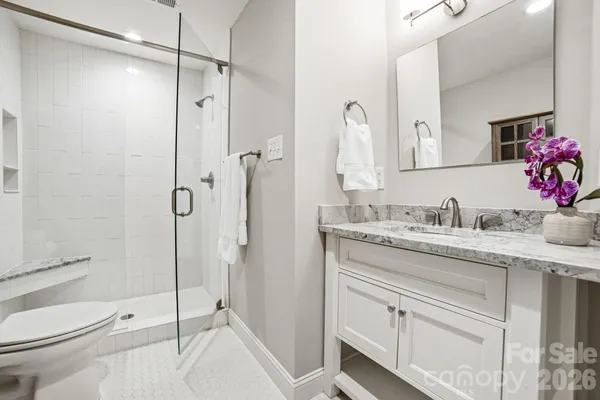 a bathroom with a granite countertop sink mirror toilet and shower