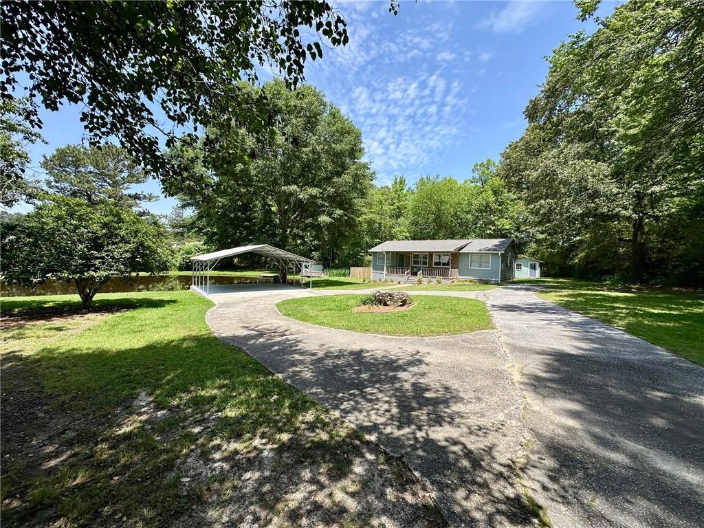 a view of a park with large trees