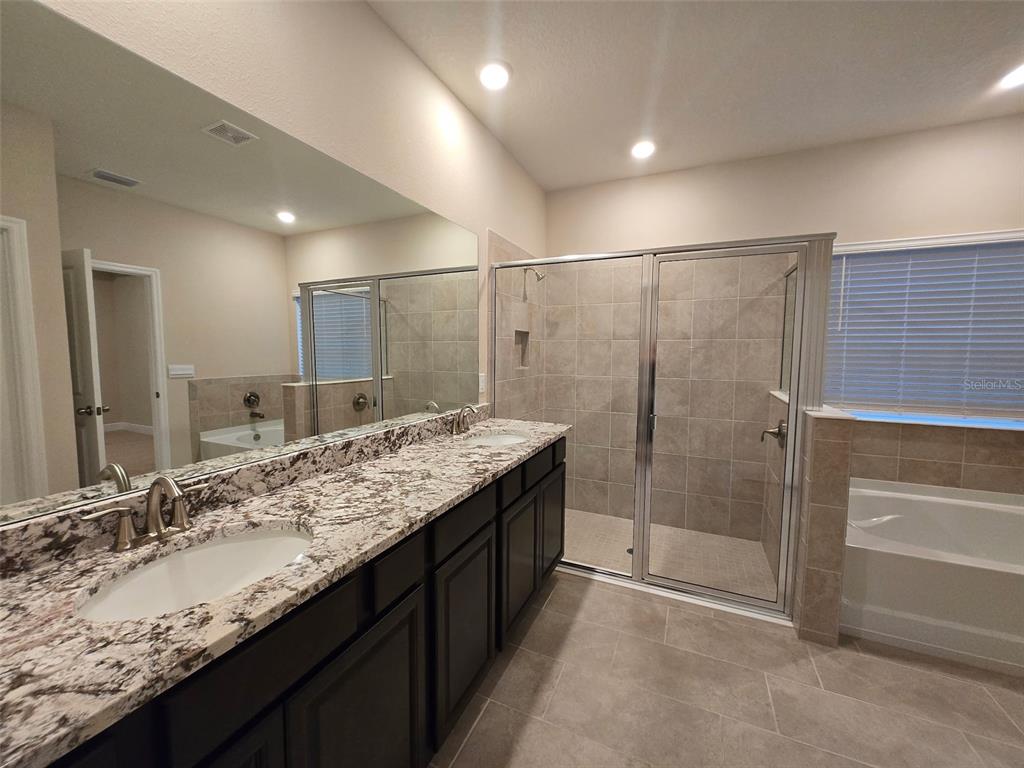 6008 Southwest 46th Drive Gainesville, FL 32608 - Photo 22 of 56 a bathroom with a granite countertop sink a mirror and a shower