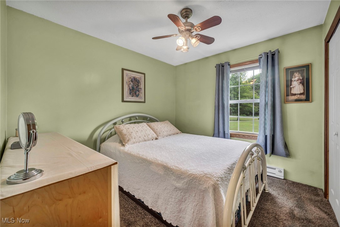 4743 County Line Road Newton Falls, OH 44444 - Photo 23 of 36 Bedroom with dark colored carpet, baseboard heating, and ceiling fan