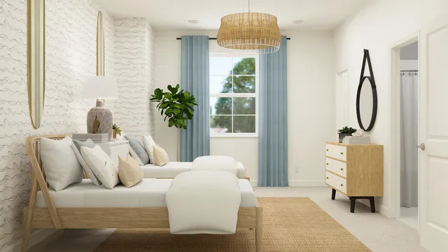 a living room with furniture a chandelier and a window
