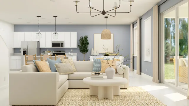 a living room with furniture a flat screen tv and a chandelier