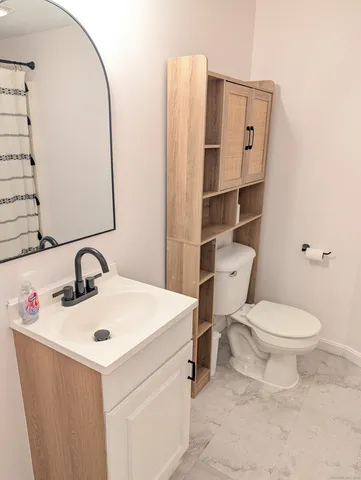 a bathroom with a sink mirror vanity and toilet