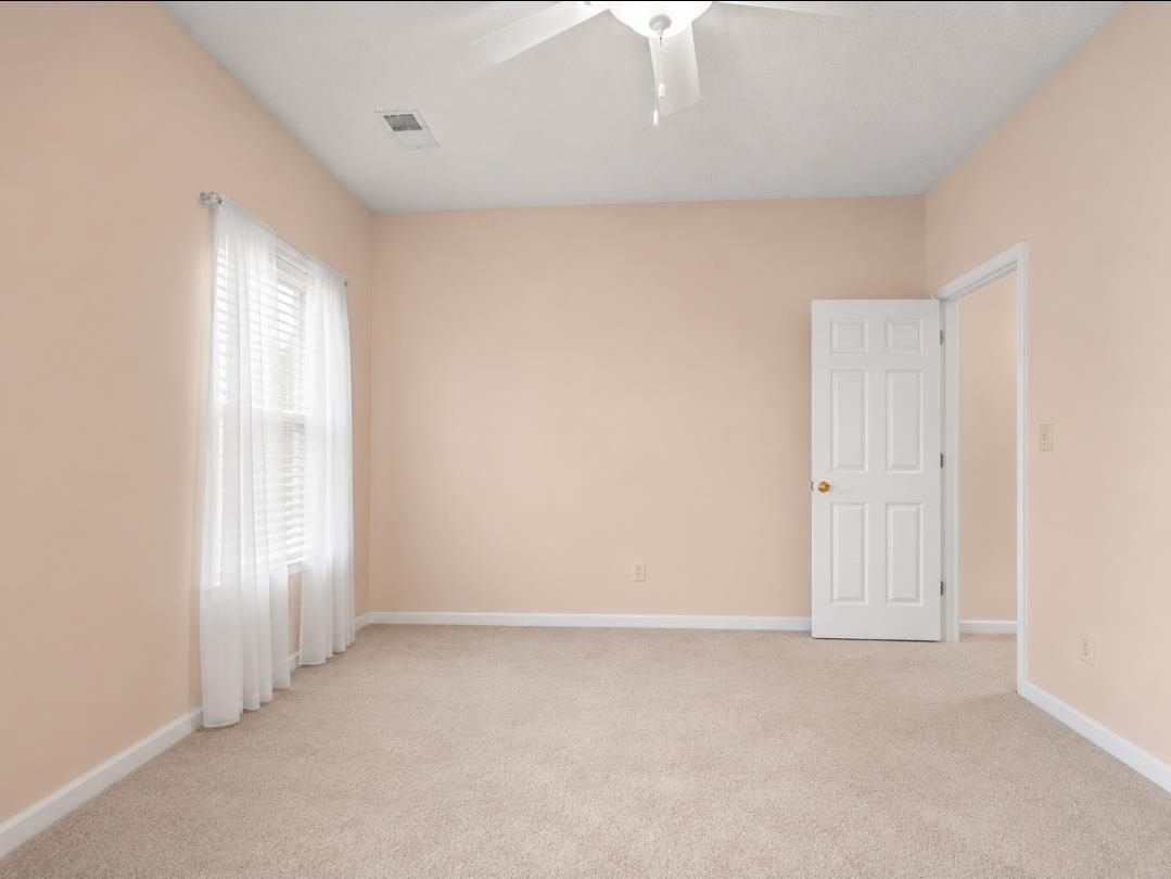 3779 Dancyville Road Stanton, TN 38069 - Photo 9 of 22 Carpeted room with a ceiling fan, a window with blinds and sheer curtains, and a paneled door