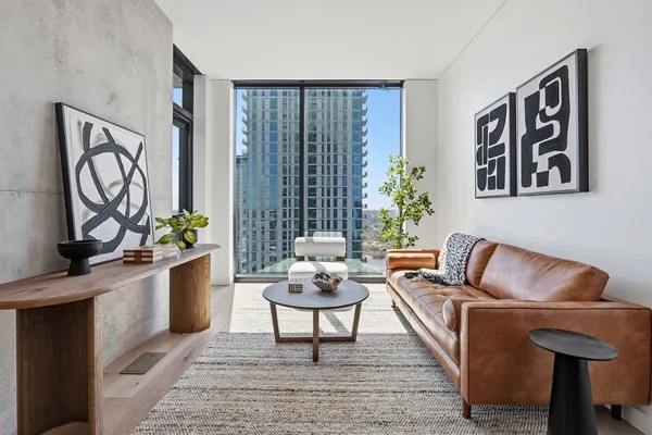 a living room with furniture and a potted plant