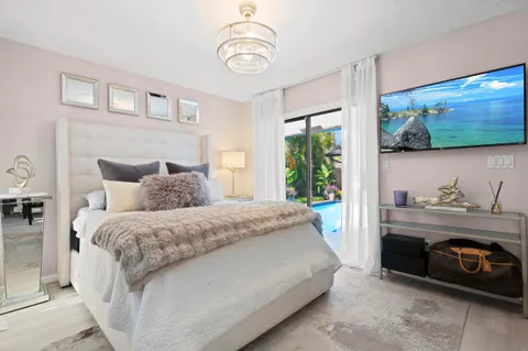 a bed room with a bed and a television