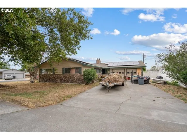 a view of a house with backyard and a tree