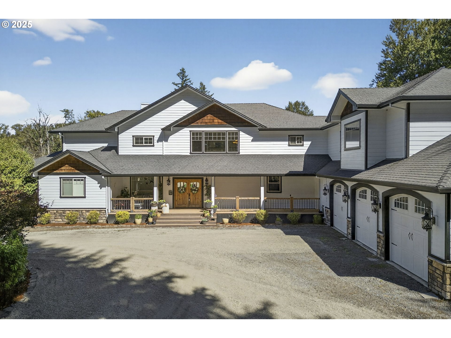 a front view of a house with a patio