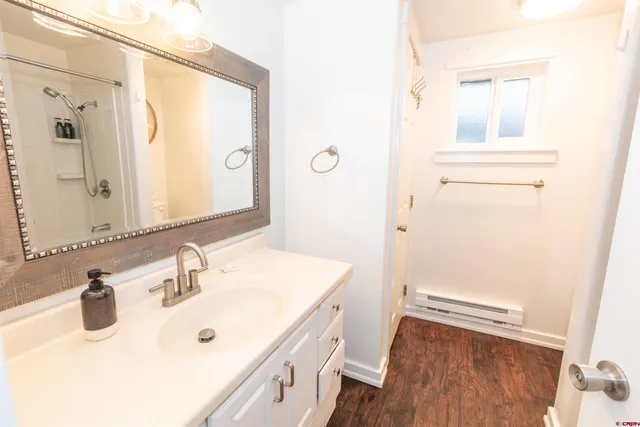a bathroom with a sink a mirror and a shower