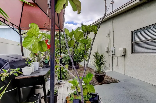 a view of a chair and table in patio with potted plants