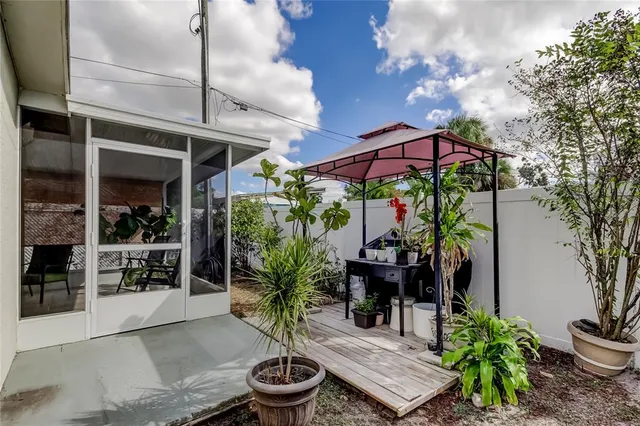 a view of a backyard with potted plants