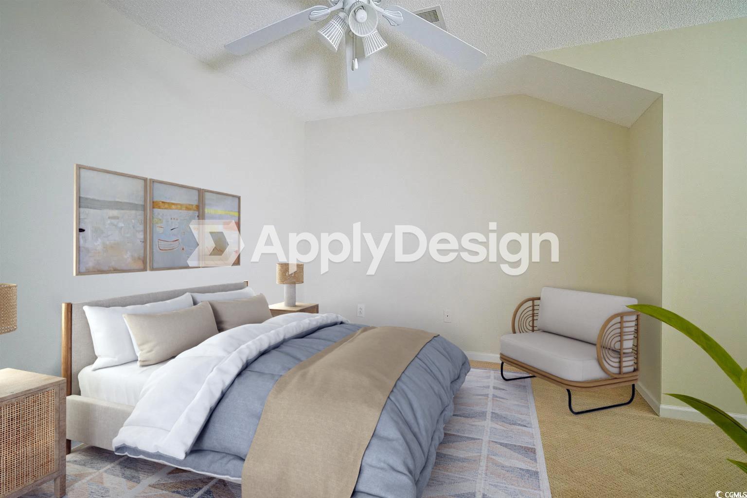 153 Wimbledon Way, Unit 153 Murrells Inlet, SC 29576 - Photo 23 of 32 Bedroom featuring a ceiling fan, lofted ceiling, and a textured ceiling