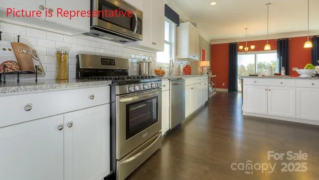 a kitchen with stainless steel appliances granite countertop a stove a sink and a microwave