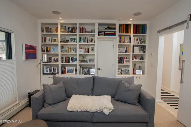 a living room with furniture and a book shelf