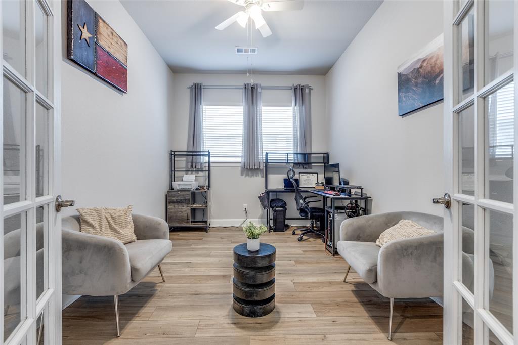356 Greenbriar Road Little Elm, TX 75068 - Photo 4 of 25 Office featuring light wood-style floors, french doors, and a ceiling fan