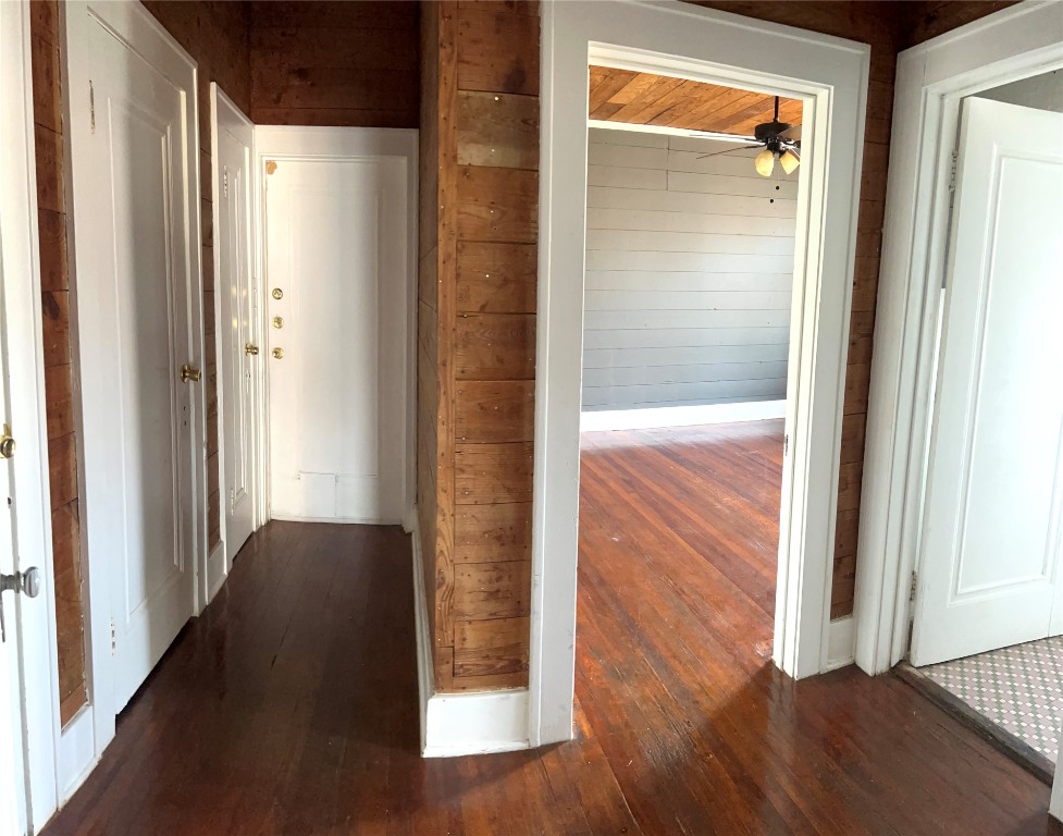 703 West 11th Street, Unit 5 Austin, TX 78701 - Photo 8 of 12 Hallway featuring wood walls and dark wood-style flooring