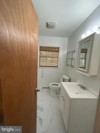 a bathroom with a sink a toilet and mirror
