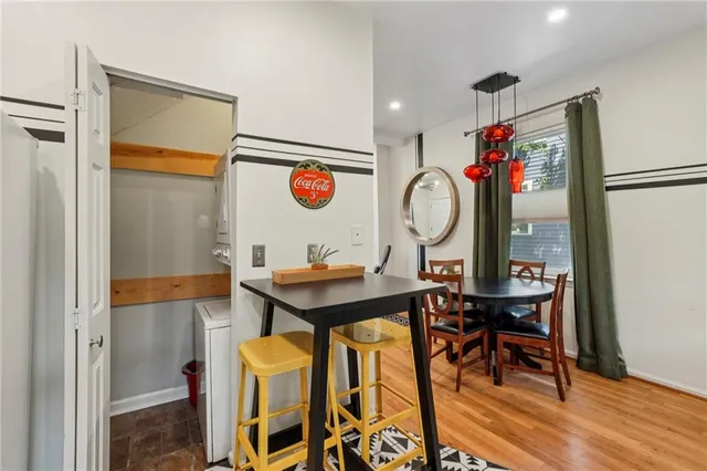 a view of a table and chairs in a room