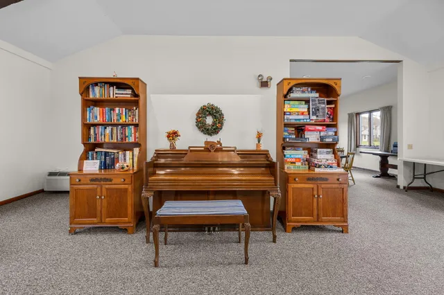 a living room with furniture and a book shelf