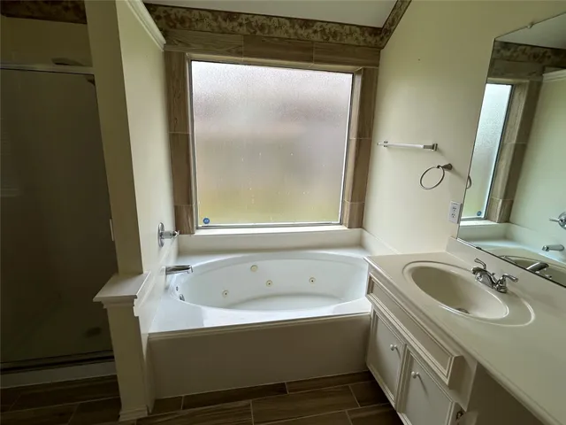 a bathroom with a tub sink and mirror