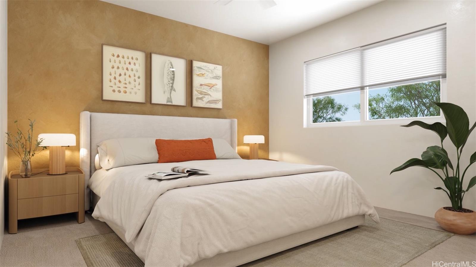 91-1171 Hoʻonaʻauao Street, Unit 1103 Kapolei, HI 96707 - Photo 5 of 15 a bedroom with a large bed and a potted plant