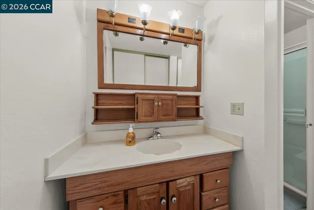 a bathroom with a sink vanity and a mirror