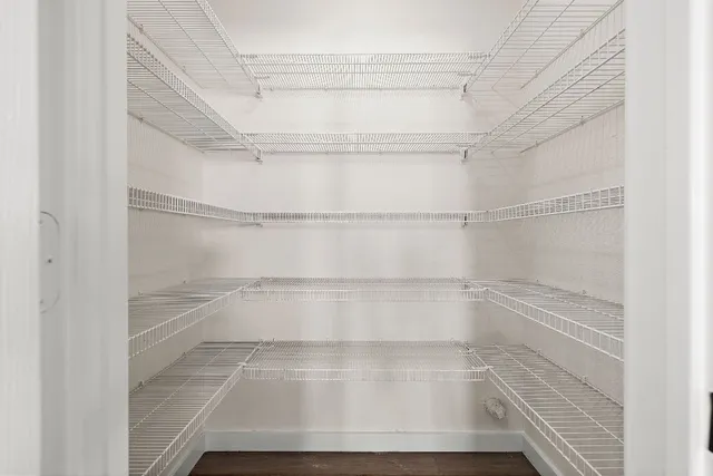 a view of walk in closet with empty racks
