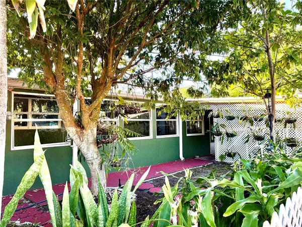 an outdoor space with seating area