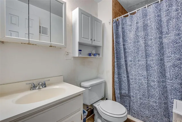 a bathroom with a sink a toilet and shower curtain