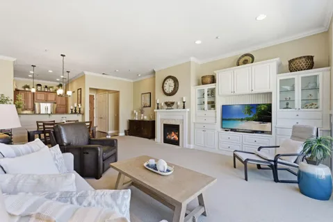 a living room with furniture a flat screen tv and a fireplace