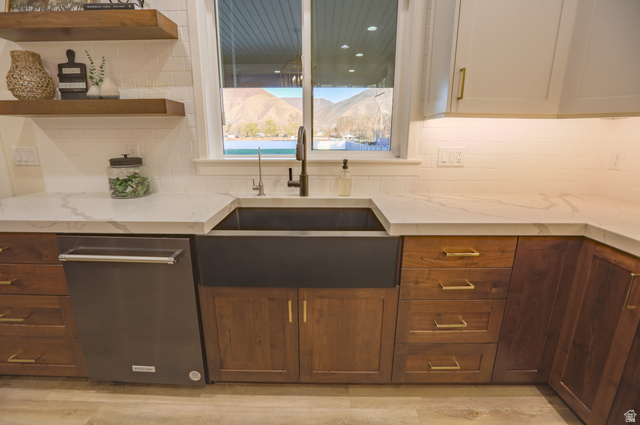 126 North 800 West Mapleton, UT 84664 - Photo 23 of 79 Kitchen featuring dishwasher, light stone countertops, open shelves, and decorative backsplash