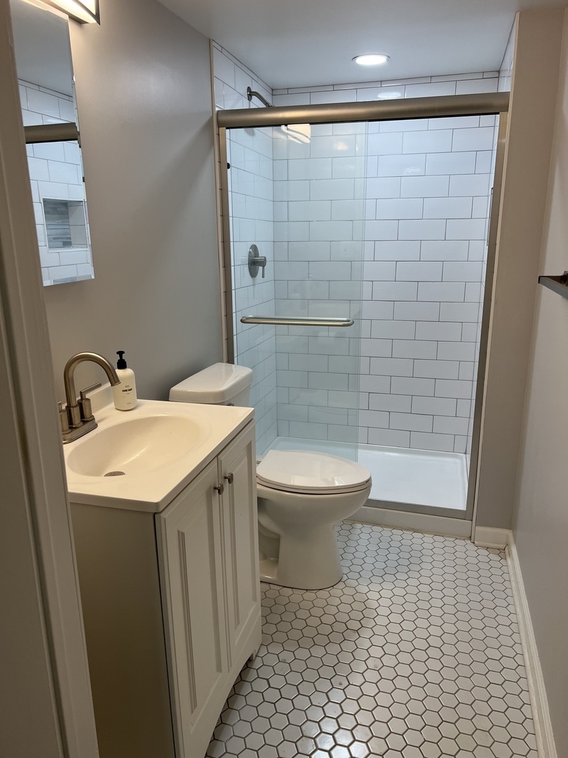 1400 West Chestnut Street, Unit 1 Chicago, IL 60642 - Photo 18 of 24 a bathroom with a sink a toilet and shower