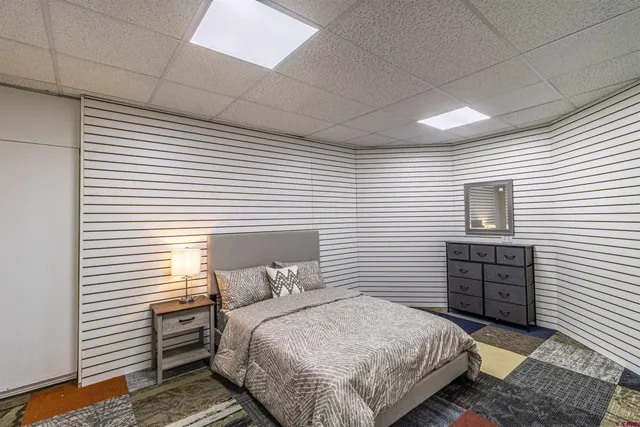 a bedroom with a bed and cabinets