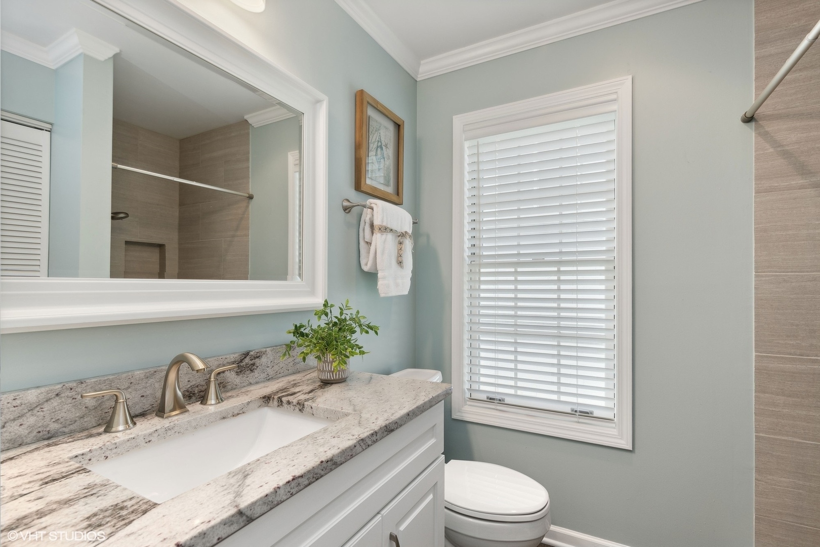 548 Long Hill Road Gurnee, IL 60031 - Photo 15 of 26 a bathroom with a granite countertop sink toilet a mirror and shower