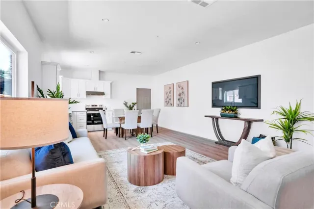 a living room with furniture a flat screen tv and a potted plant