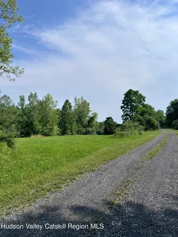 a view of a field with trees in the background