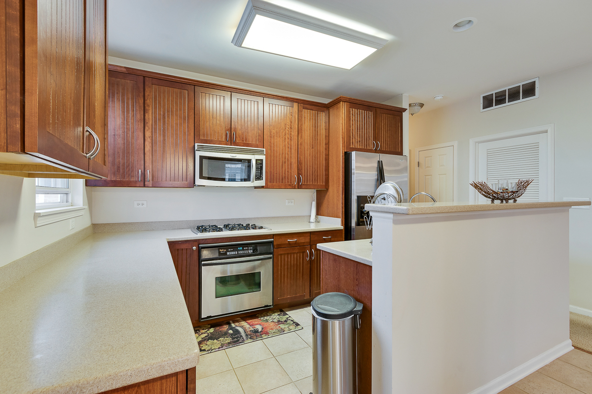1358 Scarboro Road, Unit 806 Schaumburg, IL 60193 - Photo 5 of 16 a kitchen with stainless steel appliances a stove a microwave a sink a refrigerator and cabinets