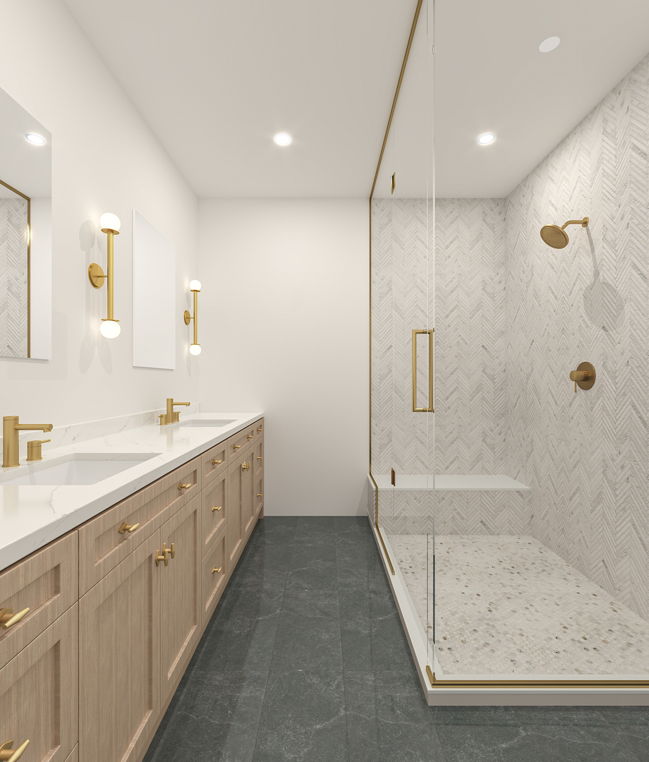 3219 North Seminary Avenue, Unit 1N Chicago, IL 60657 - Photo 3 of 5 a spacious bathroom with a double vanity sink a large mirror and shower