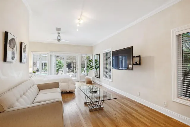 a view of a swimming pool with a sitting space