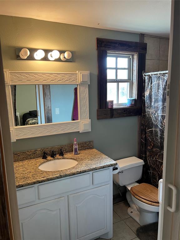 1921 Salt Creek Road Jacksboro, TX 76458 - Photo 15 of 31 a bathroom with a granite countertop toilet sink and mirror