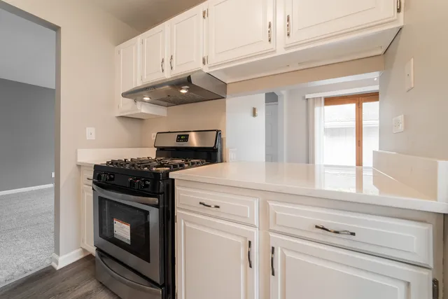 a kitchen with granite countertop white cabinets and stainless steel appliances