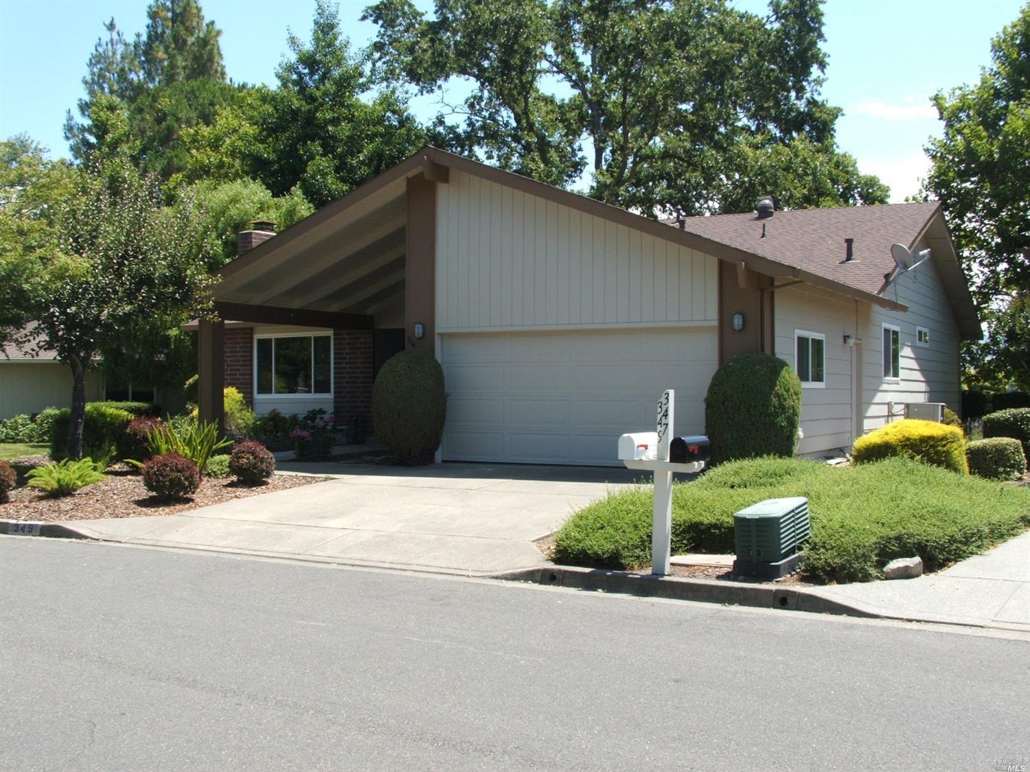 a backyard of a house with plants and a garage