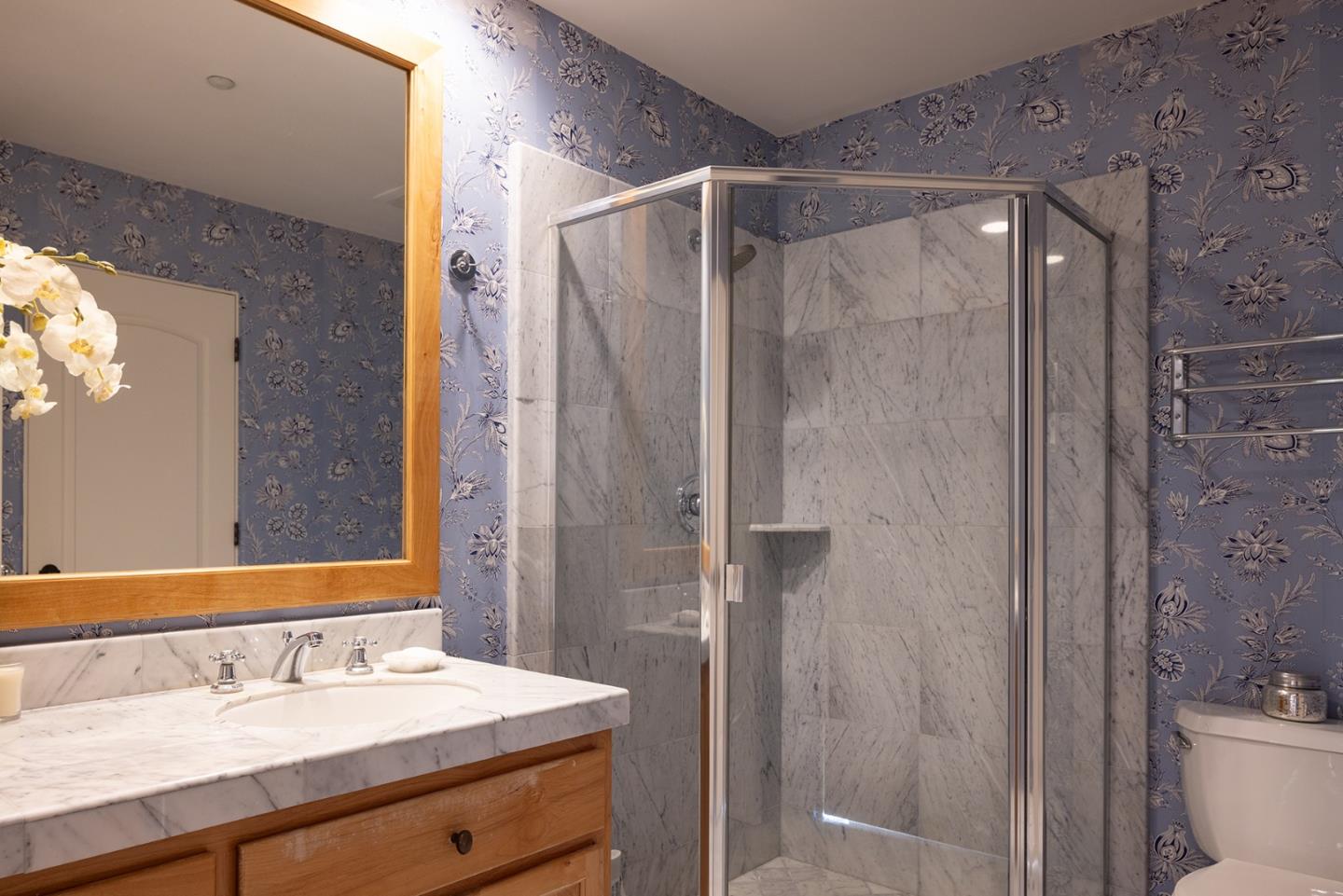 8680 River Meadows Road Carmel, CA 93923 - Photo 30 of 38 a bathroom with a sink mirror and a shower