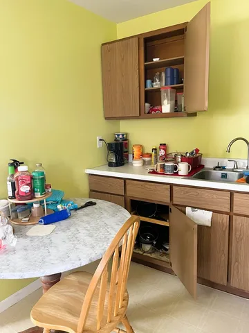 a kitchen with a sink and cabinets