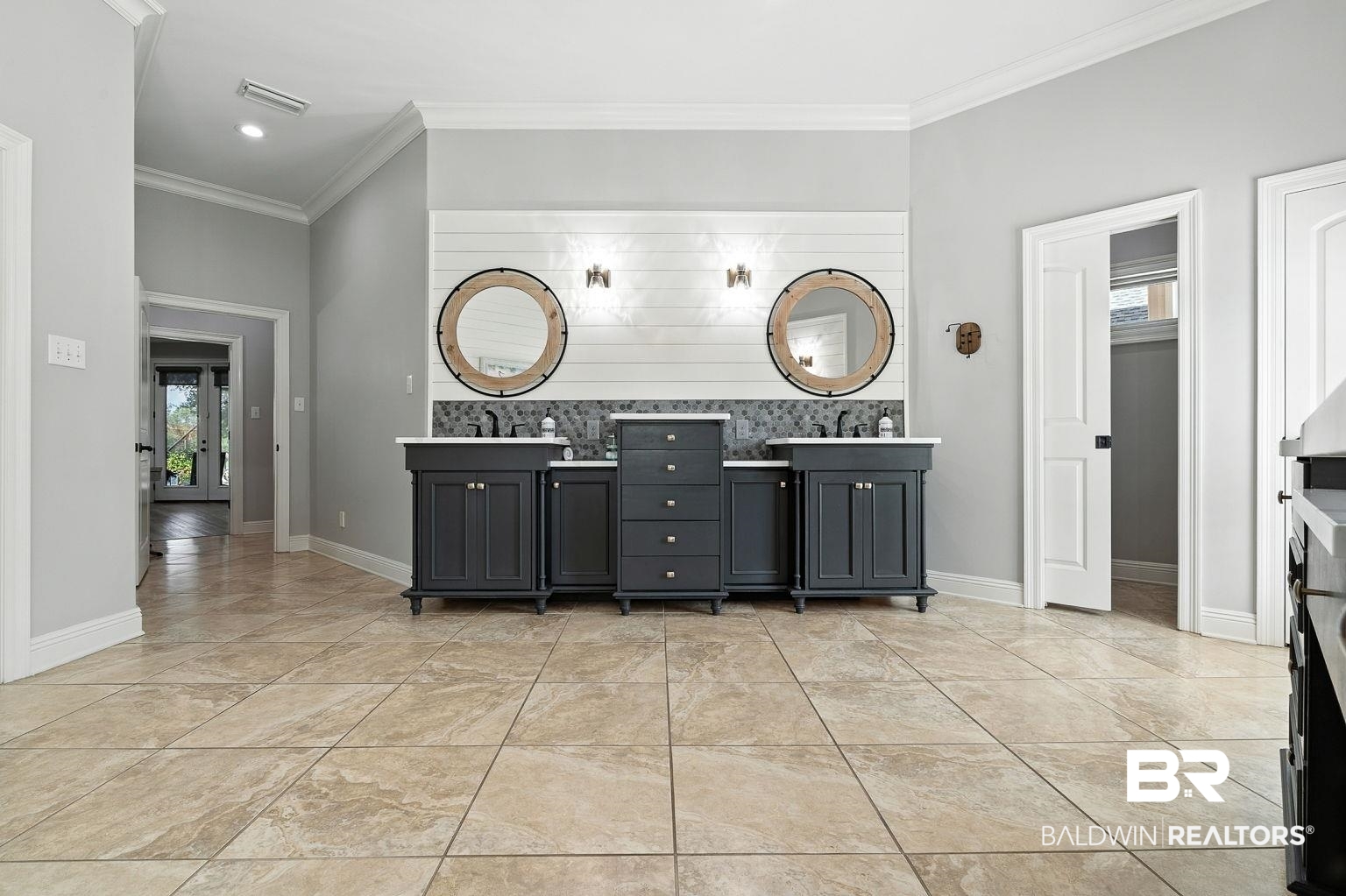 23357 Carnoustie Drive Foley, AL 36535 - Photo 54 of 99 Bathroom featuring crown molding, double vanity, wooden walls, tile patterned floors, and recessed lighting